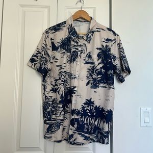 100% polyester Beige Navy palm coconut tree print aloha shirt button down